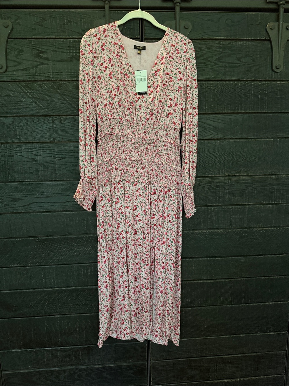 AFRM Medium Dress Pink Floral Smocked-Waist Dress